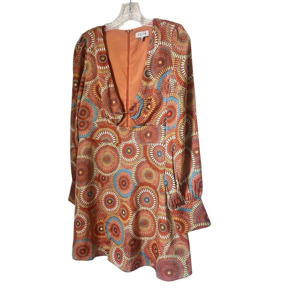 ACOA Retro 70s Psychedelic Flora Groovy Boho Mod Long Sleeve Mini Dress Sz L